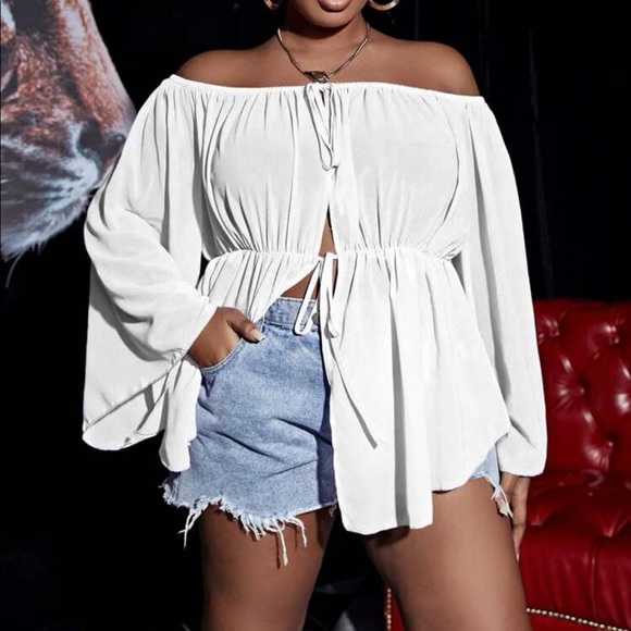 Boho Plus Size Off Shoulder Sheer Open Front Self tie Top Blouse Vibrant Orange - Picture 7 of 10